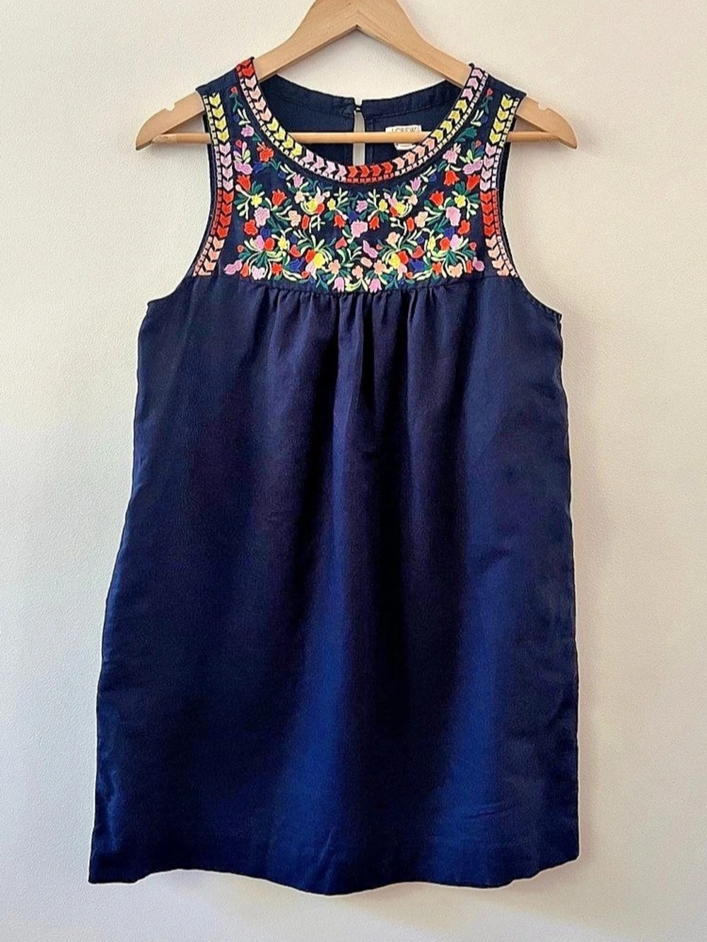 J.Crew Navy Colorful Floral Embroidered Sleeveless Dress Linen Cotton 6 EUC